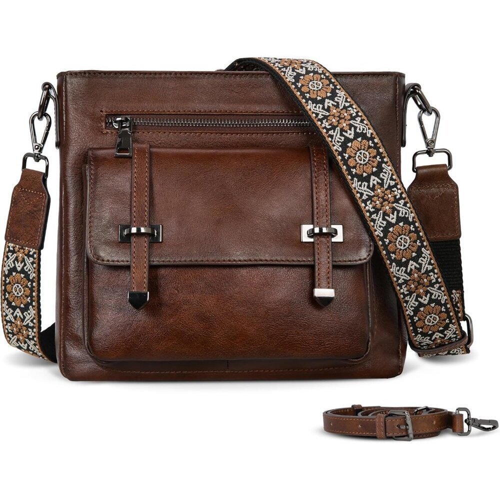 Women Coffee leather Imported Zipper Purse Adjustable Strap Crossbody Bag